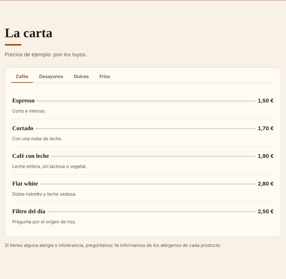 Captura de la sección «La carta, por pestañas» de la plantilla de cafetería y bar, con datos de ejemplo.