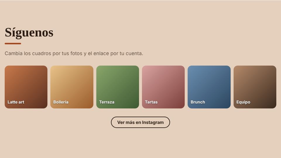 Captura de la sección «Tus fotos y tus redes» de la plantilla de cafetería y bar, con datos de ejemplo.