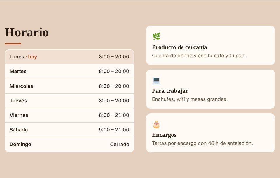 Captura de la sección «El horario, con el día de hoy marcado» de la plantilla de cafetería y bar, con datos de ejemplo.