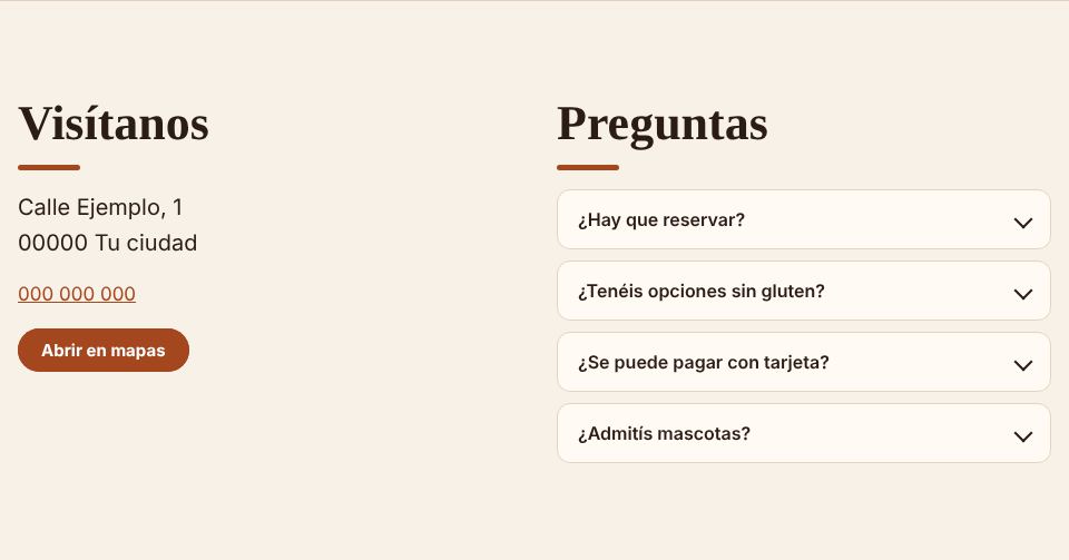 Captura de la sección «Cómo llegar» de la plantilla de cafetería y bar, con datos de ejemplo.