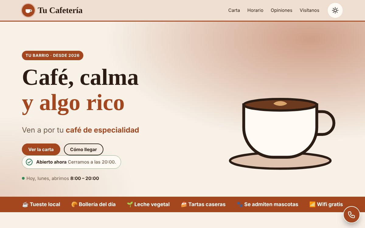 Captura de la plantilla de cafetería y bar en un ordenador, con datos de ejemplo.