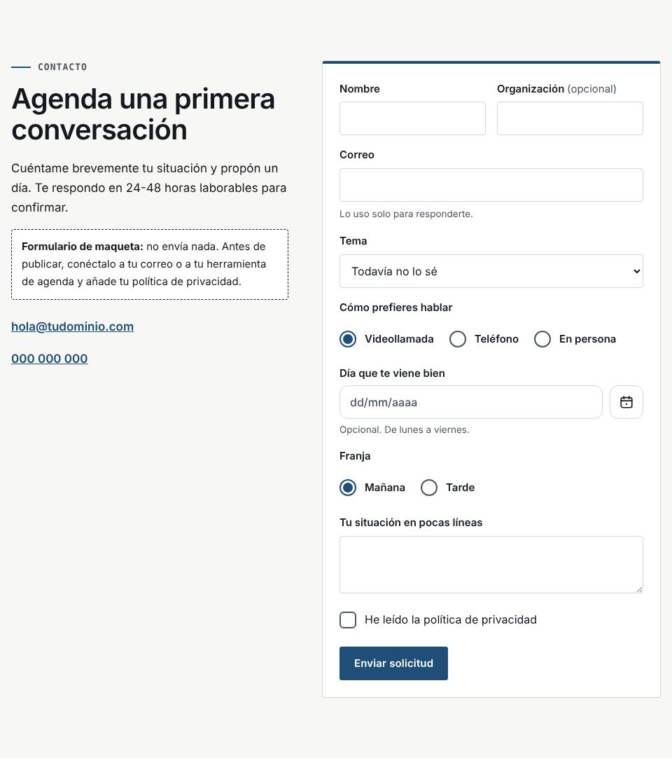 Captura de la sección «Una primera conversación» de la plantilla de consultoría, con datos de ejemplo.