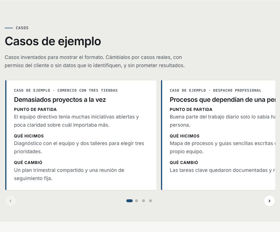 Captura de la sección «Casos de ejemplo» de la plantilla de consultoría, con datos de ejemplo.