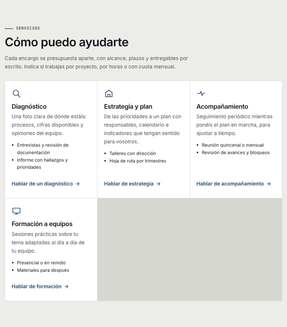 Captura de la sección «Cómo puedes ayudar» de la plantilla de consultoría, con datos de ejemplo.