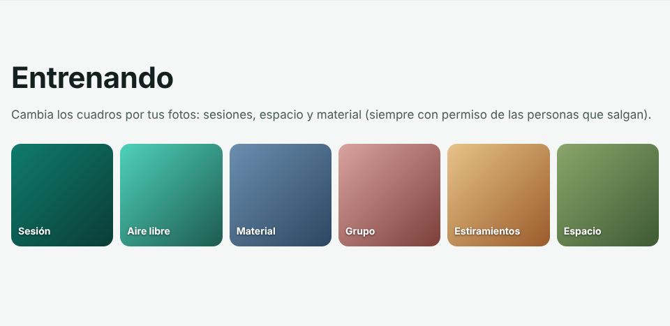 Captura de la sección «Fotos de tu trabajo» de la plantilla de entrenador personal, con datos de ejemplo.