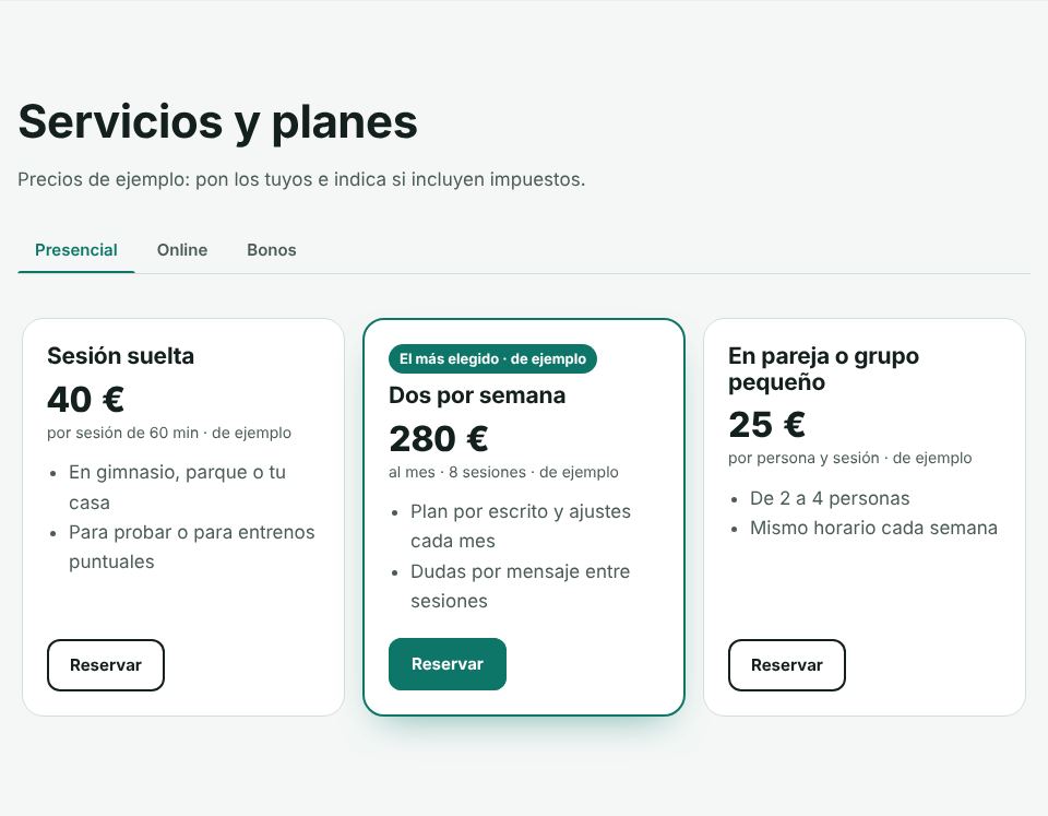 Captura de la sección «Tus planes» de la plantilla de entrenador personal, con datos de ejemplo.