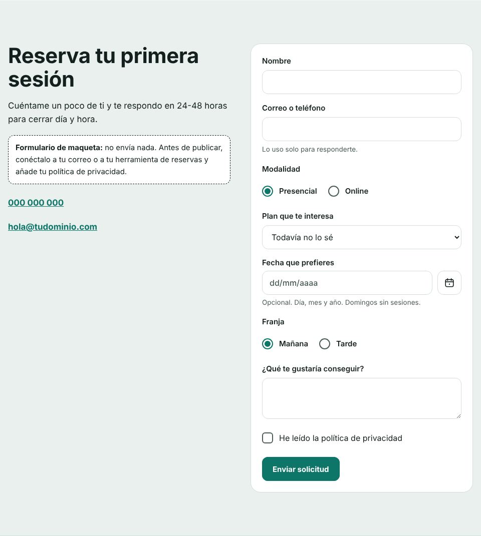 Captura de la sección «Reserva de la primera sesión» de la plantilla de entrenador personal, con datos de ejemplo.