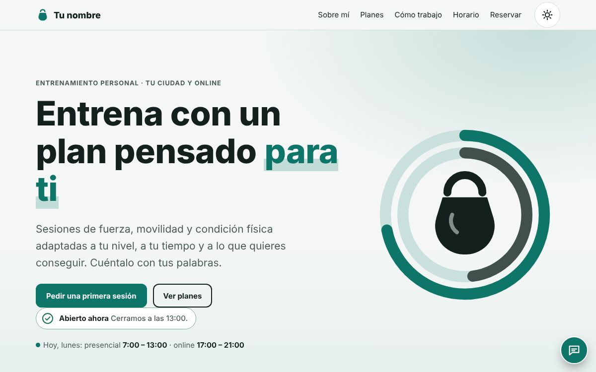 Captura de la plantilla de entrenador personal en un ordenador, con datos de ejemplo.