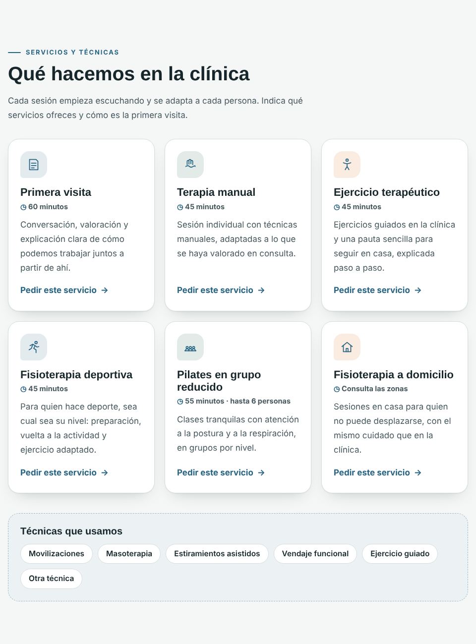 Captura de la sección «Qué hacéis en la clínica» de la plantilla de fisioterapeuta, con datos de ejemplo.