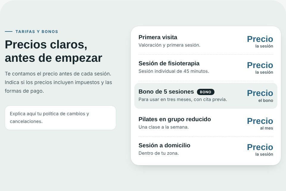 Captura de la sección «Tarifas» de la plantilla de fisioterapeuta, con datos de ejemplo.
