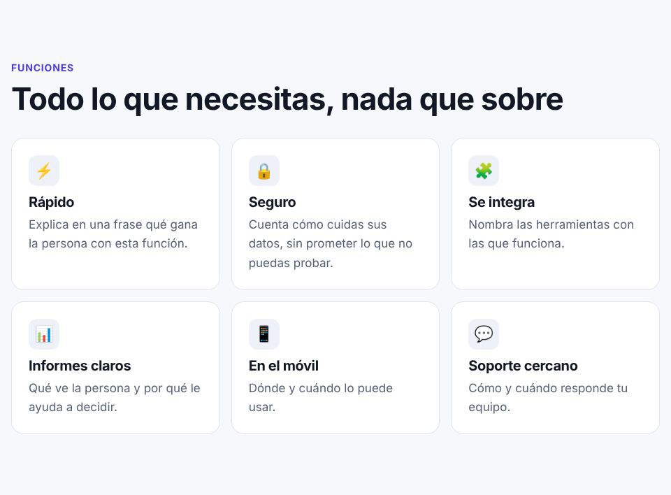 Captura de la sección «Lo que hace tu producto» de la plantilla de landing de producto, con datos de ejemplo.