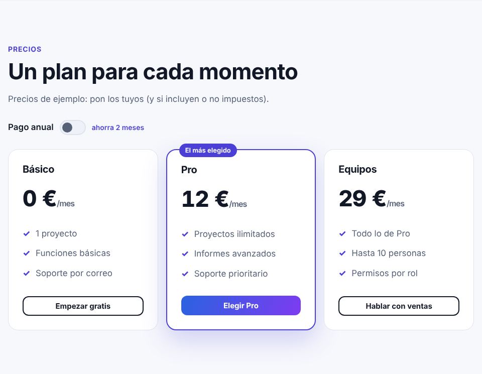 Captura de la sección «Planes y precios» de la plantilla de landing de producto, con datos de ejemplo.