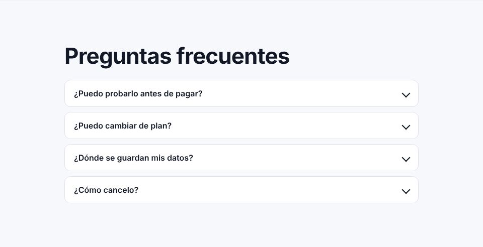 Captura de la sección «Las dudas de siempre» de la plantilla de landing de producto, con datos de ejemplo.