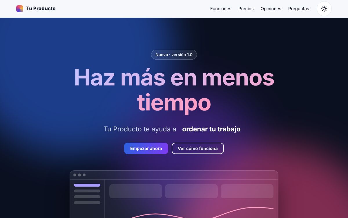 Captura de la plantilla de landing de producto en un ordenador, con datos de ejemplo.