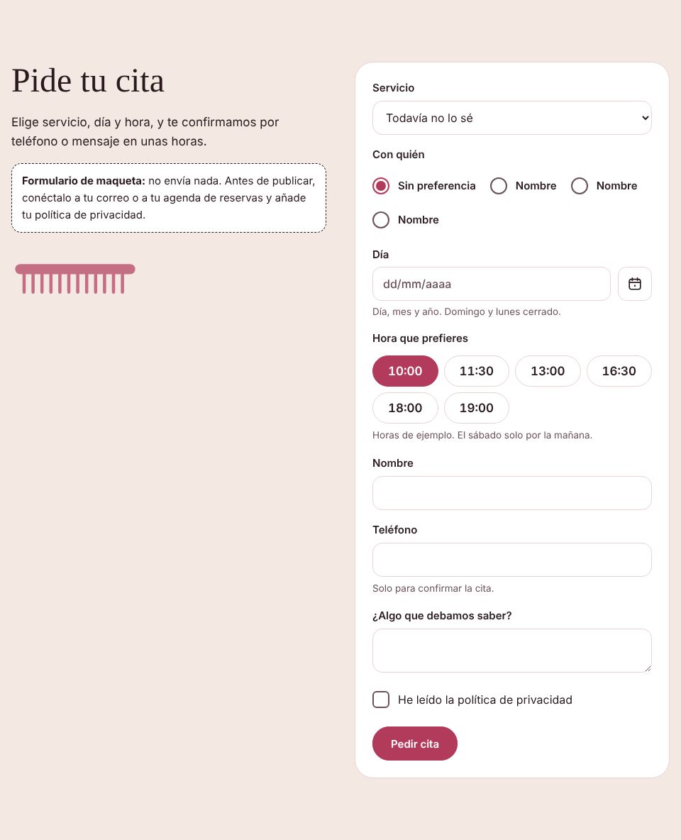 Captura de la sección «Pide tu cita» de la plantilla de peluquería, con datos de ejemplo.
