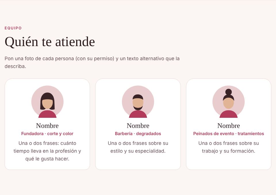 Captura de la sección «Quién te atiende» de la plantilla de peluquería, con datos de ejemplo.
