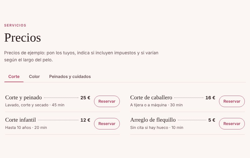 Captura de la sección «Servicios con su precio» de la plantilla de peluquería, con datos de ejemplo.