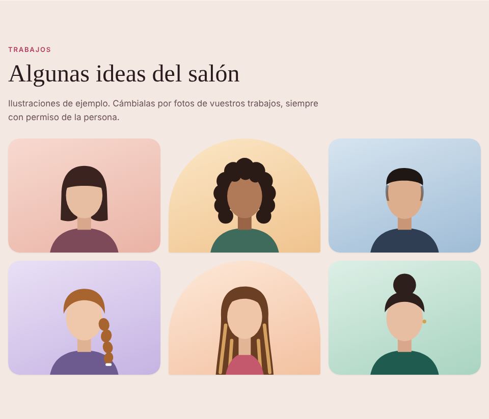 Captura de la sección «Ideas de tu trabajo» de la plantilla de peluquería, con datos de ejemplo.