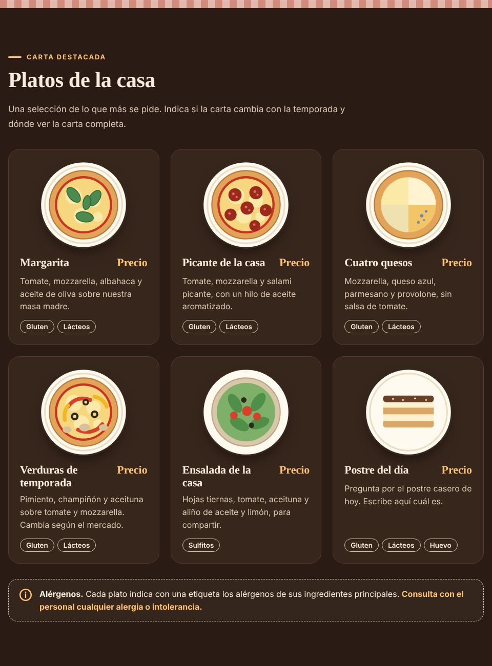 Captura de la sección «Los platos de la casa» de la plantilla de restaurante, con datos de ejemplo.