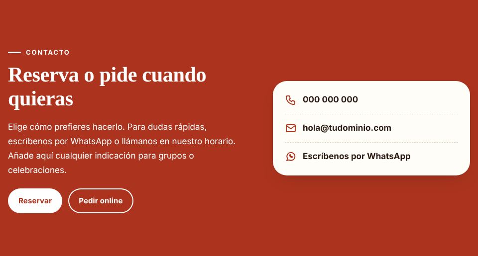 Captura de la sección «Contacto para reservar» de la plantilla de restaurante, con datos de ejemplo.