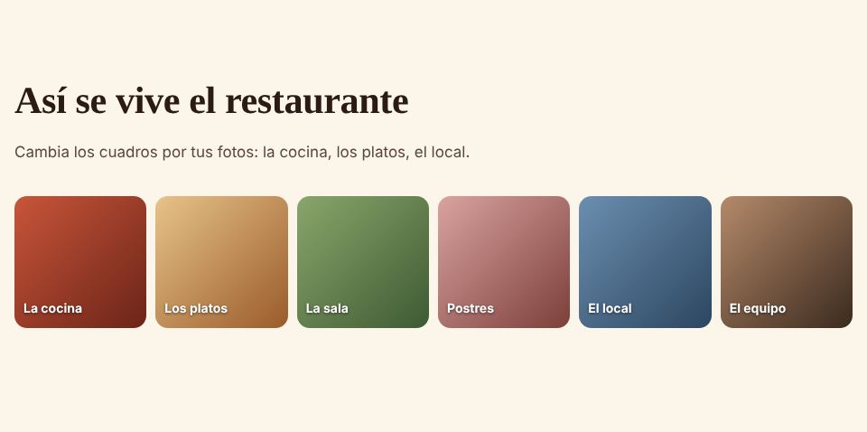 Captura de la sección «Fotos de la casa» de la plantilla de restaurante, con datos de ejemplo.