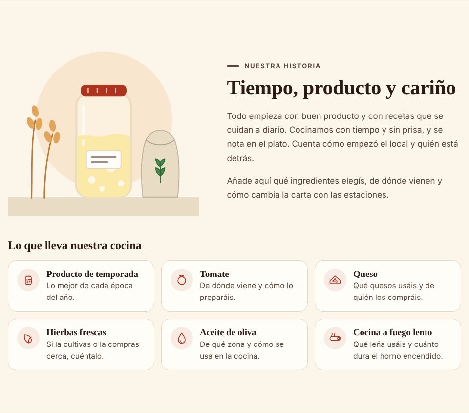 Captura de la sección «Tu historia» de la plantilla de restaurante, con datos de ejemplo.