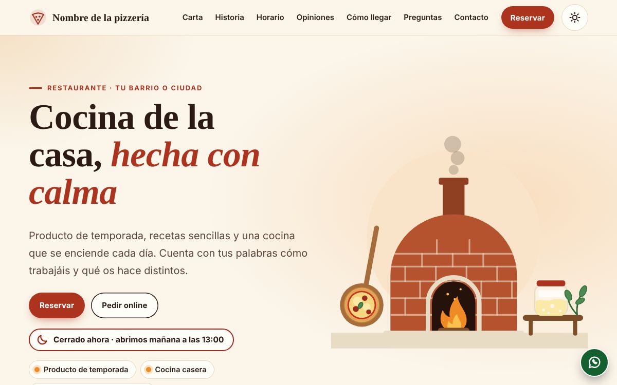 Captura de la plantilla de restaurante en un ordenador, con datos de ejemplo.