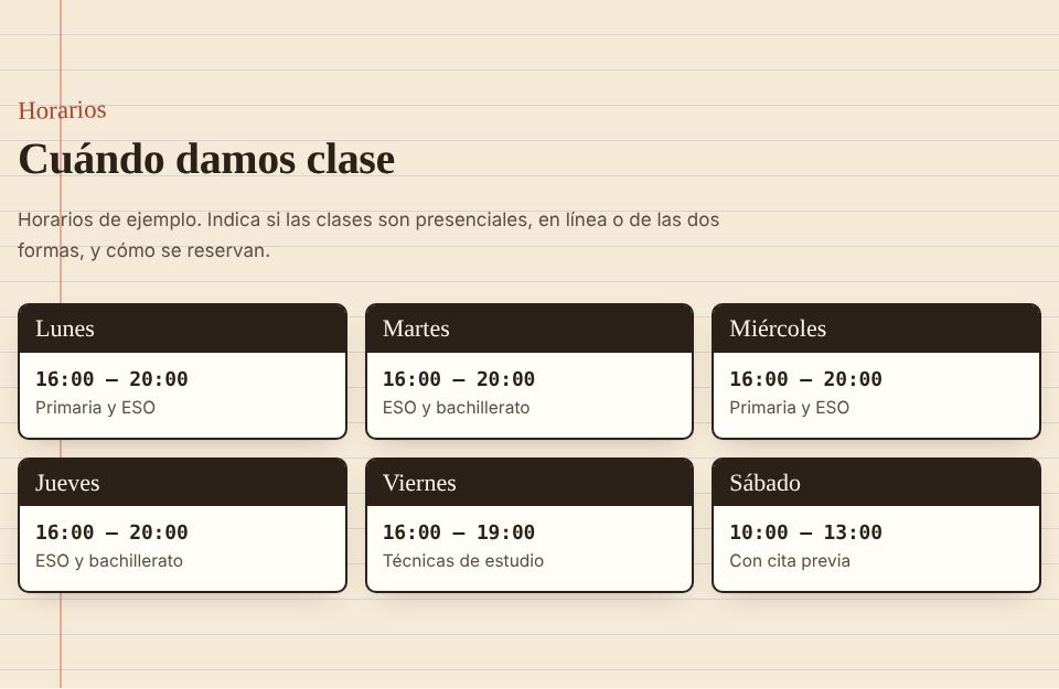 Captura de la sección «Horarios de clase» de la plantilla de profesor particular, con datos de ejemplo.