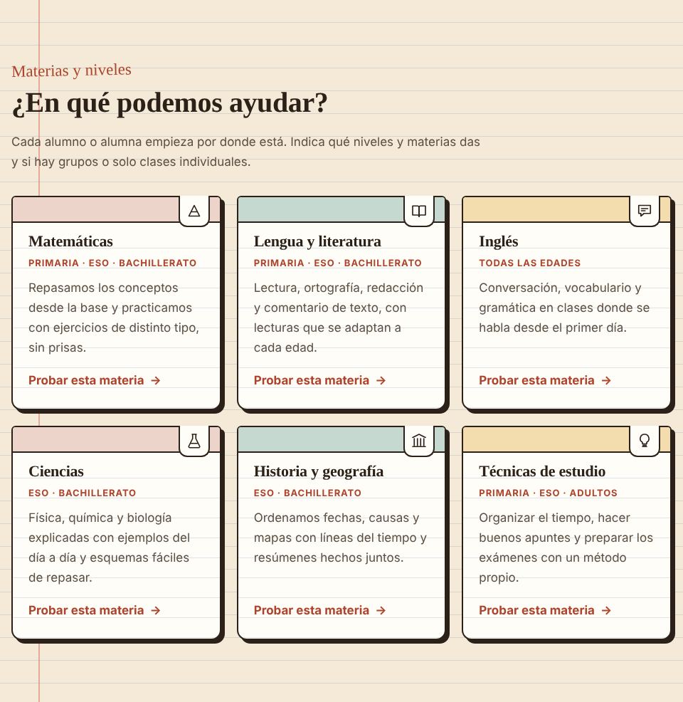 Captura de la sección «Materias y niveles» de la plantilla de profesor particular, con datos de ejemplo.
