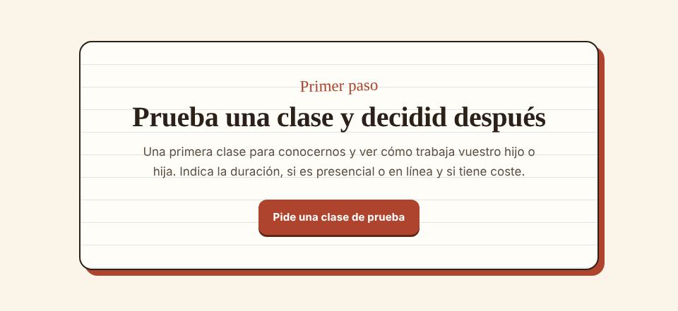 Captura de la sección «Clase de prueba» de la plantilla de profesor particular, con datos de ejemplo.