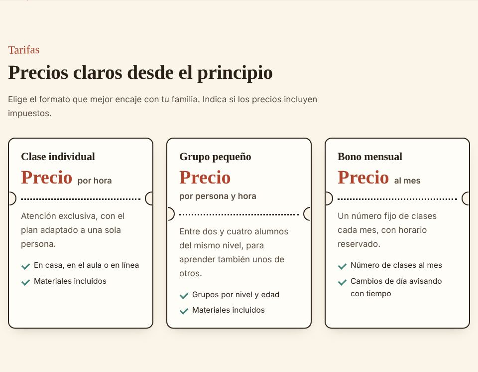 Captura de la sección «Tarifas claras» de la plantilla de profesor particular, con datos de ejemplo.
