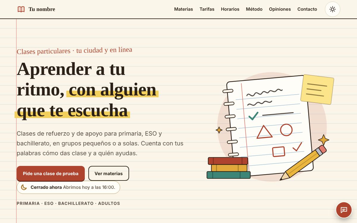 Captura de la plantilla de profesor particular en un ordenador, con datos de ejemplo.
